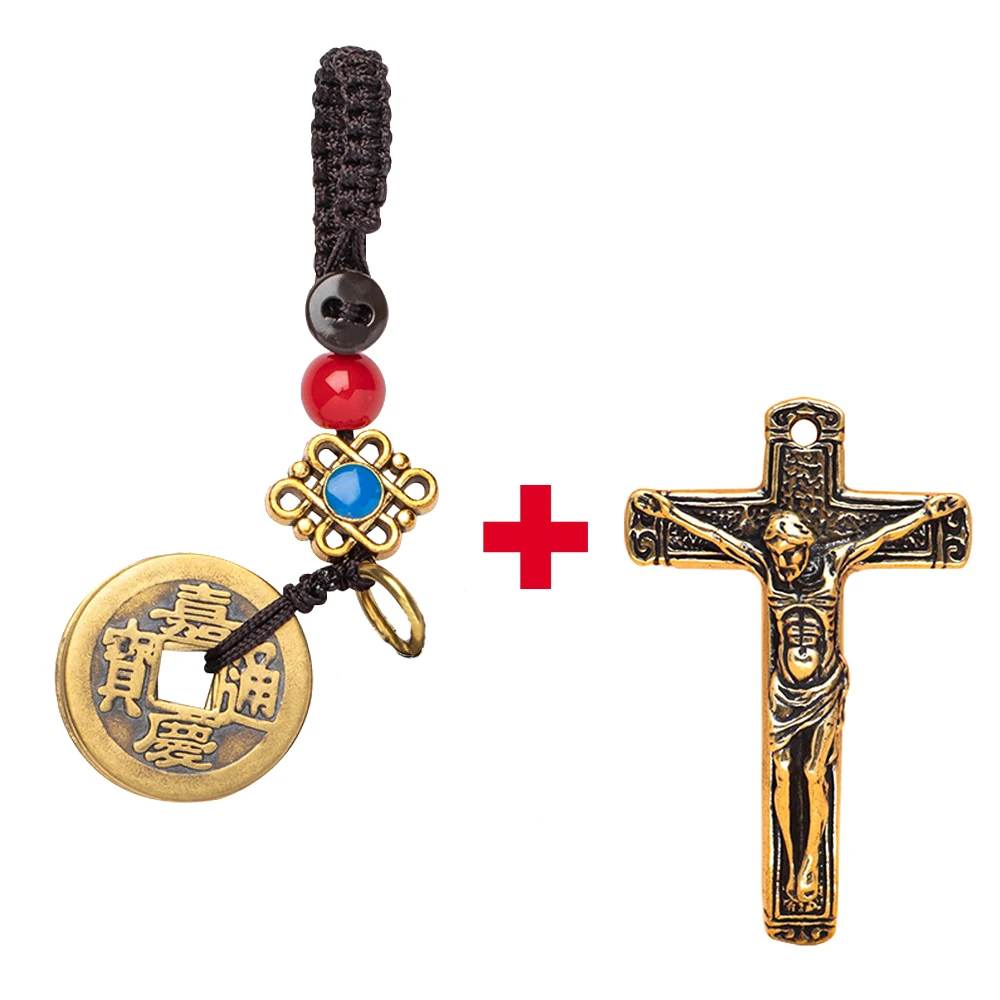 Luxury Jesus Drive away disaster Lucky keychain with Divination Coins/handbag or Car Key Chain Pendant/Blessing Wealth Success