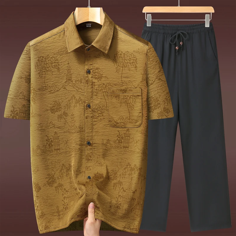 Men's Chinese Style Short-Sleeve Shirt + Pants Set with Landscape Print Men Traditional casual Sportswear with Drawstring Pants