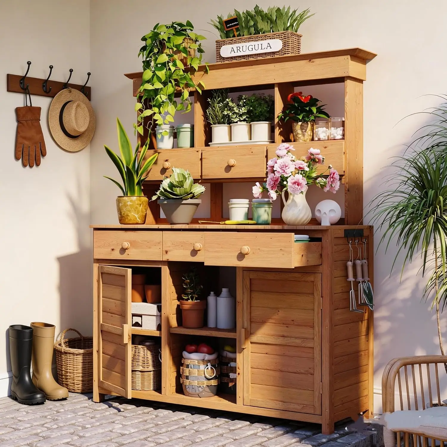 Solid Wood Potting Bench with Hutch, Garden Workstation with Shelves & Drawers, Planting Table with Cabinets Customized