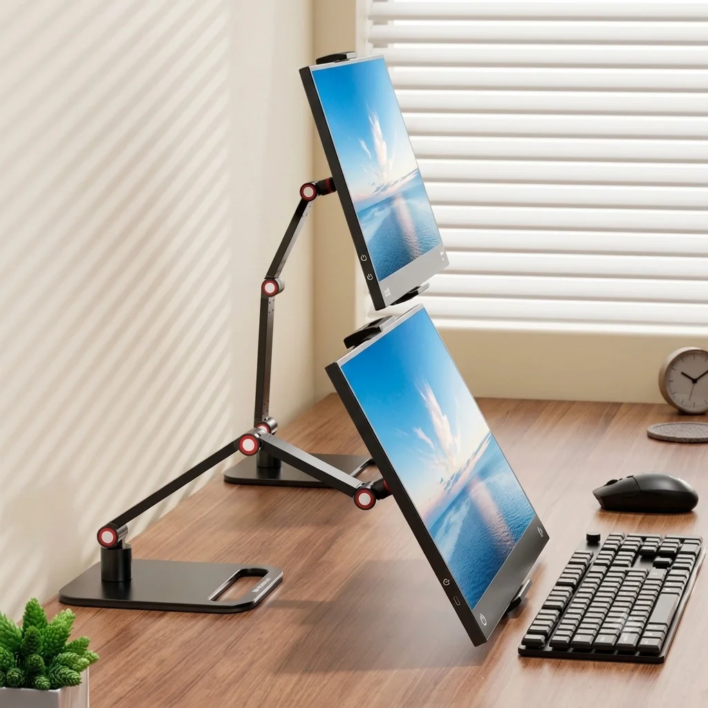 Metal Tablet Stand Desktop Adjustable Pad Holder 2 Arm Clip Foldable Phone Stand for Live Streaming Office Desk Support