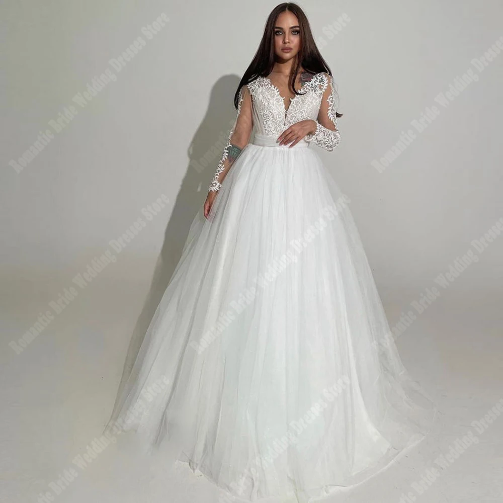 Elegant A-Line Women Wedding Dresses Sexy V-Neck Lace Flower Printing Wedding Gowns Customized Banquet Vestidos De Novias 2024