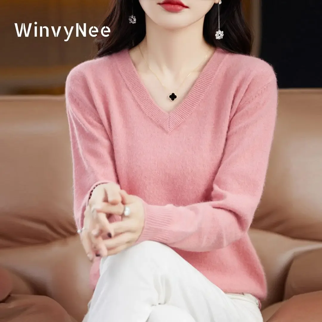 WinvyNee 2024 New Women Mink Cashmere Sweater V Neck Warm Solid Casual Pullover Soft Outerwears Plus Size Tops Autumn A1248017