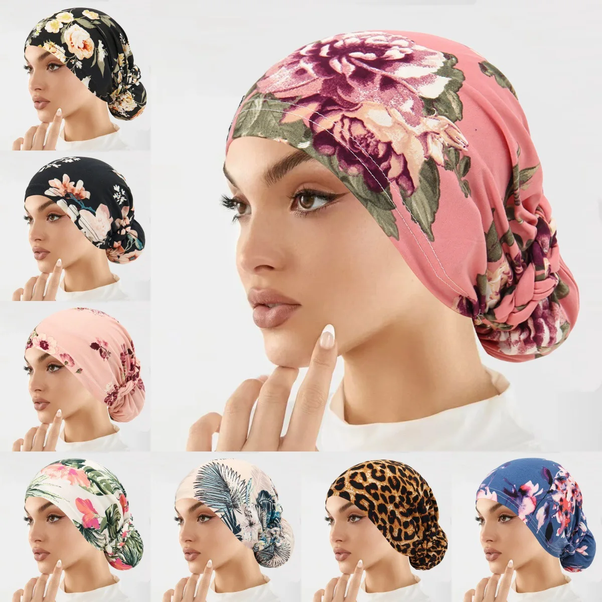 New European and American Printed Women's Base Cap Muslim Headscarf Daily Fashion Flowered Cloth Braid Pullovers Small Cap