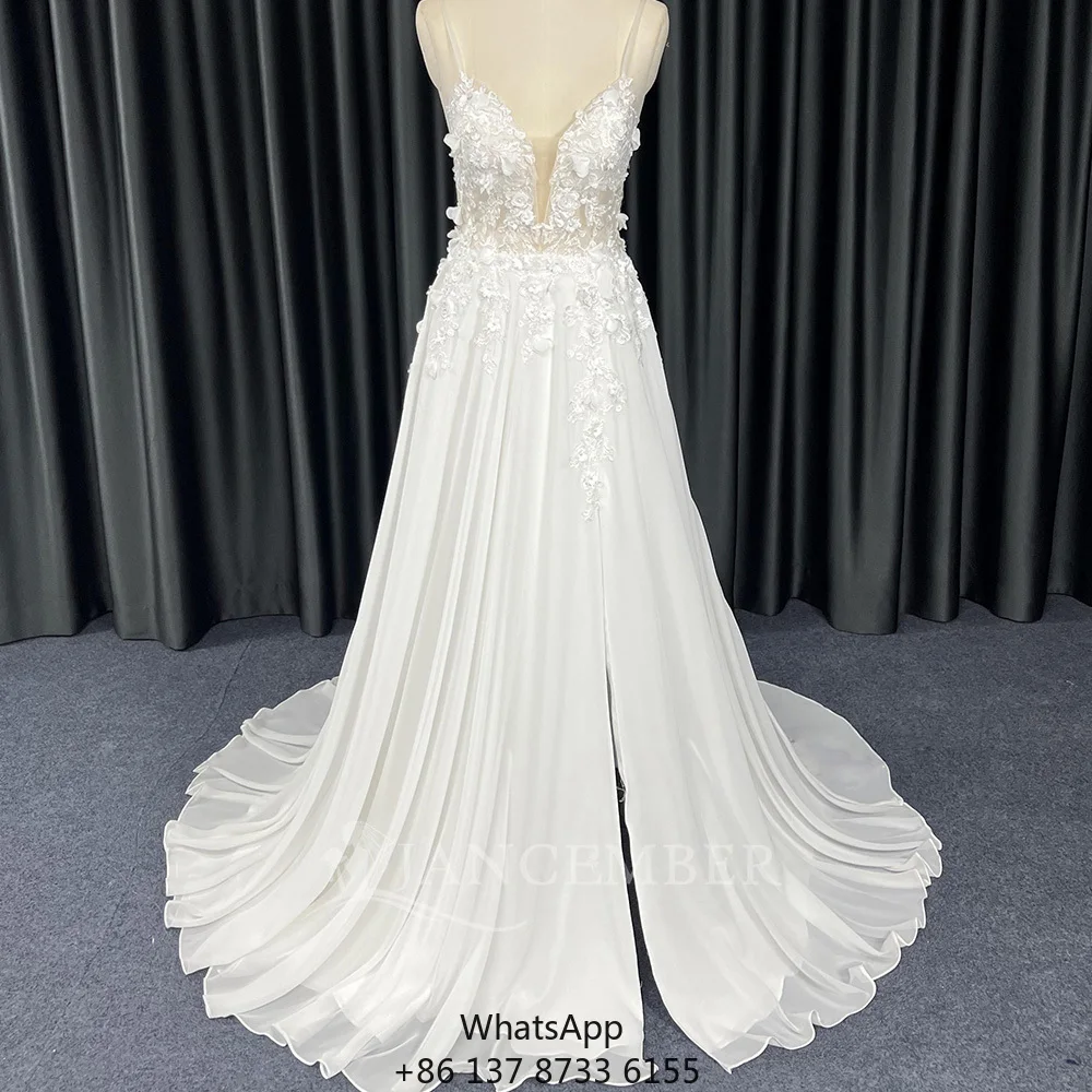 

HX105 Exclusive Spaghetti Strap Lace Flower Wedding Slit Mal Bridal Dress