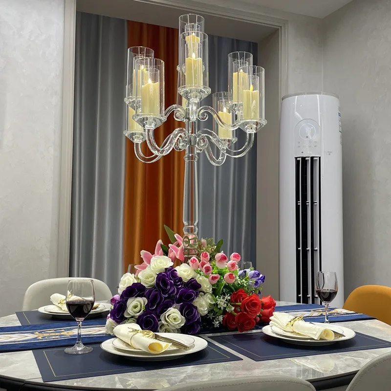 Factory Direct 2026 European Style Multi-head Roman Column Glass Crystal Candle Holder French Wedding Atmosphere
