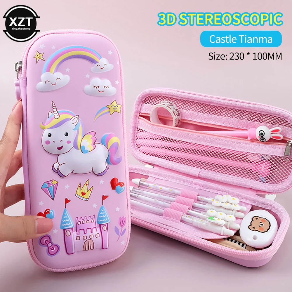 3D Unicorn EVA Cute Pencil Box School Student Stationery Box Children Pencil Storage Box Three Layer Large Capacity Pencil Case