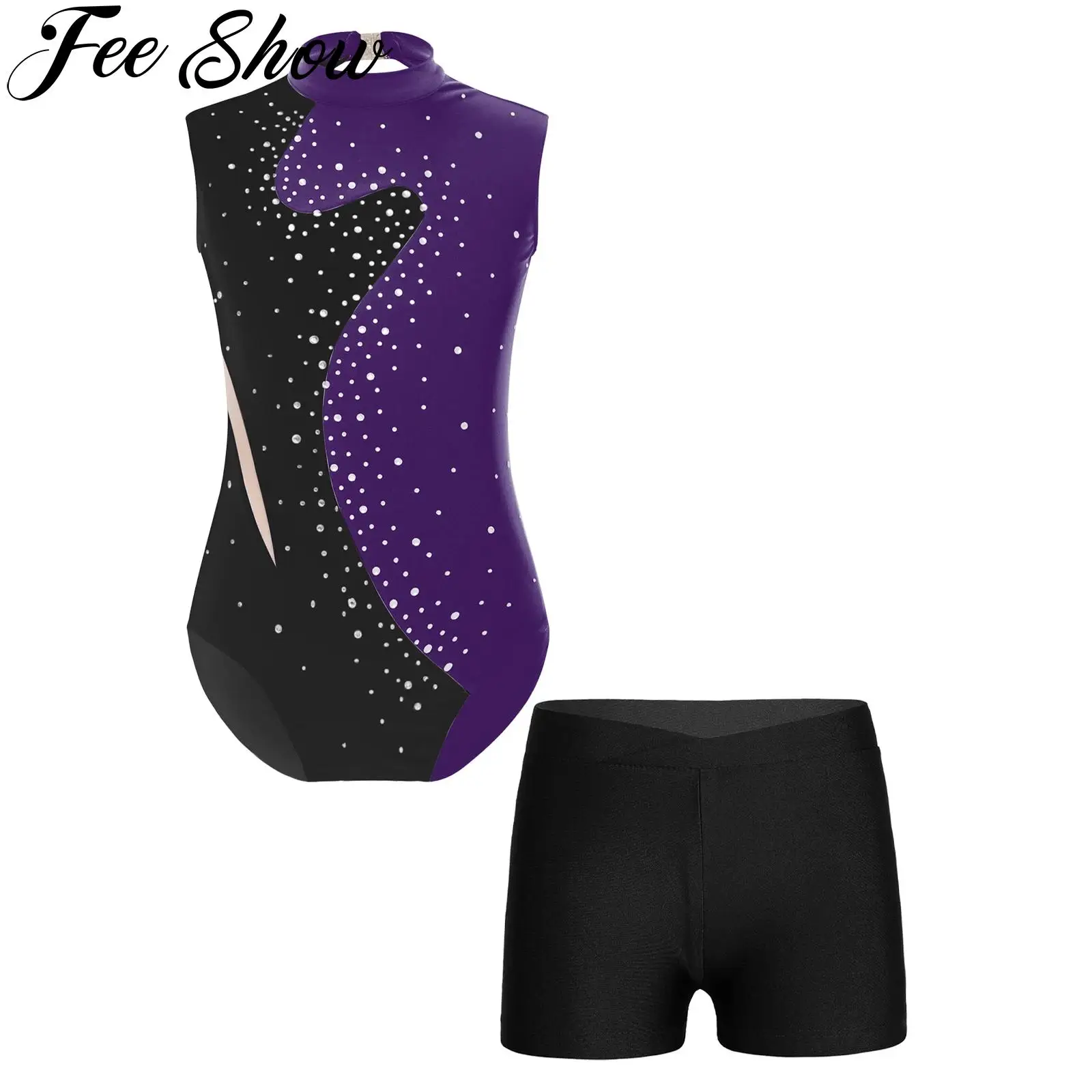 

Kids Girls Figure Skating Rhythmic Gymnastics Dance Clothes Sets Shiny Rhinestones Color Block Splice Bodysuit with Shorts Set