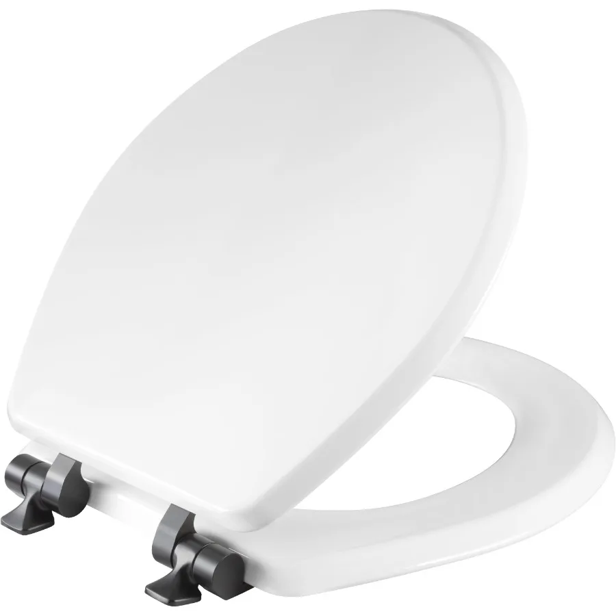 

Benton®Round Enameled Wood Toilet Seat in White Never Loosens and Soft Close Matte Black Hinge