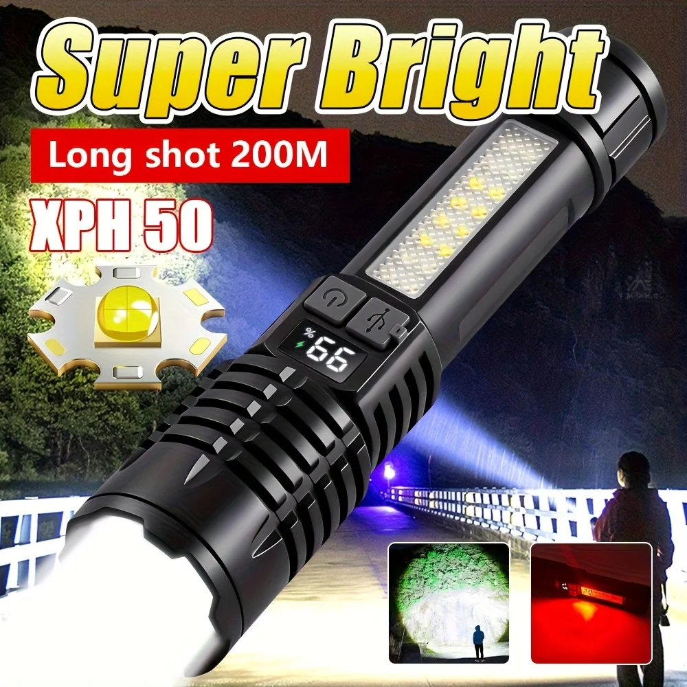 Hochleistungs-LED-Taschenlampe, leistungsstarke wiederaufladbare COB-Taschenlampe vom Typ C mit Seitenlicht, 5 Modi, Taschenlampe für Outdoor-Camping, Wandern
