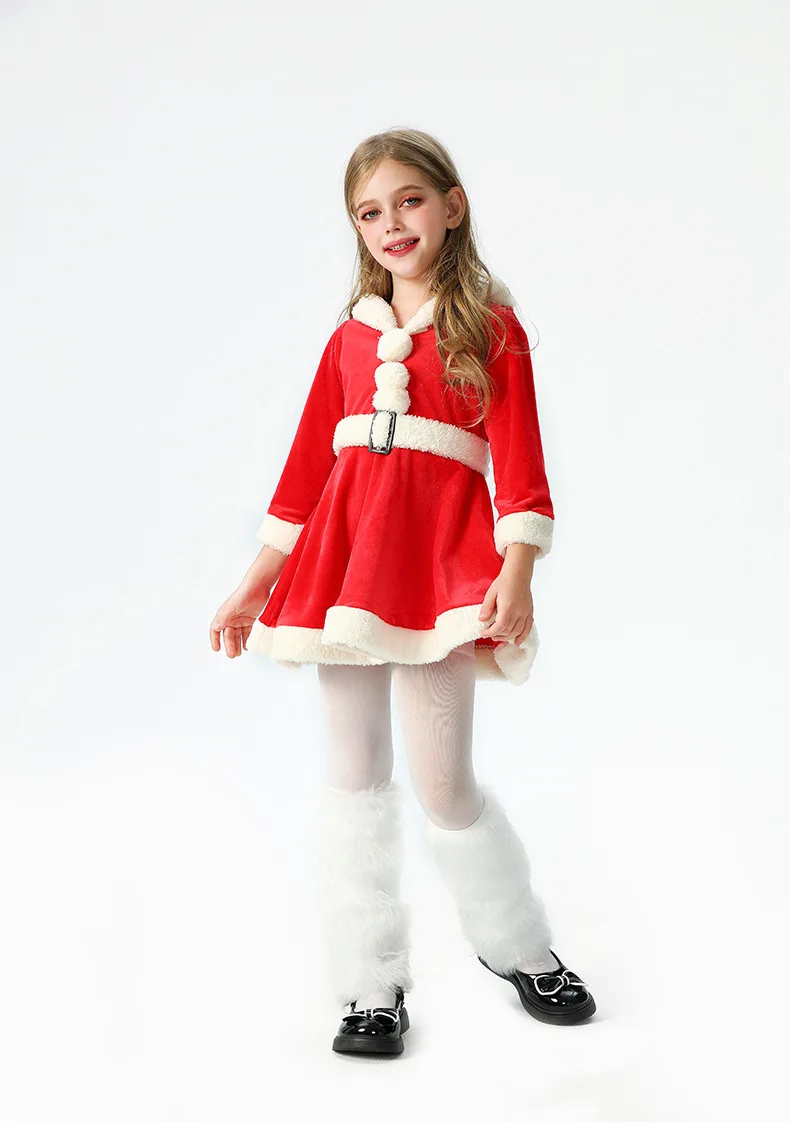 Weiches Samtkleid für Kinder mit Weihnachtsmann-Motiv, Kapuze, Weihnachtskostüm, Weihnachtsfeier, Bühnenauftritt, Show, Cosplay, Rock, Outfit – Detail 11