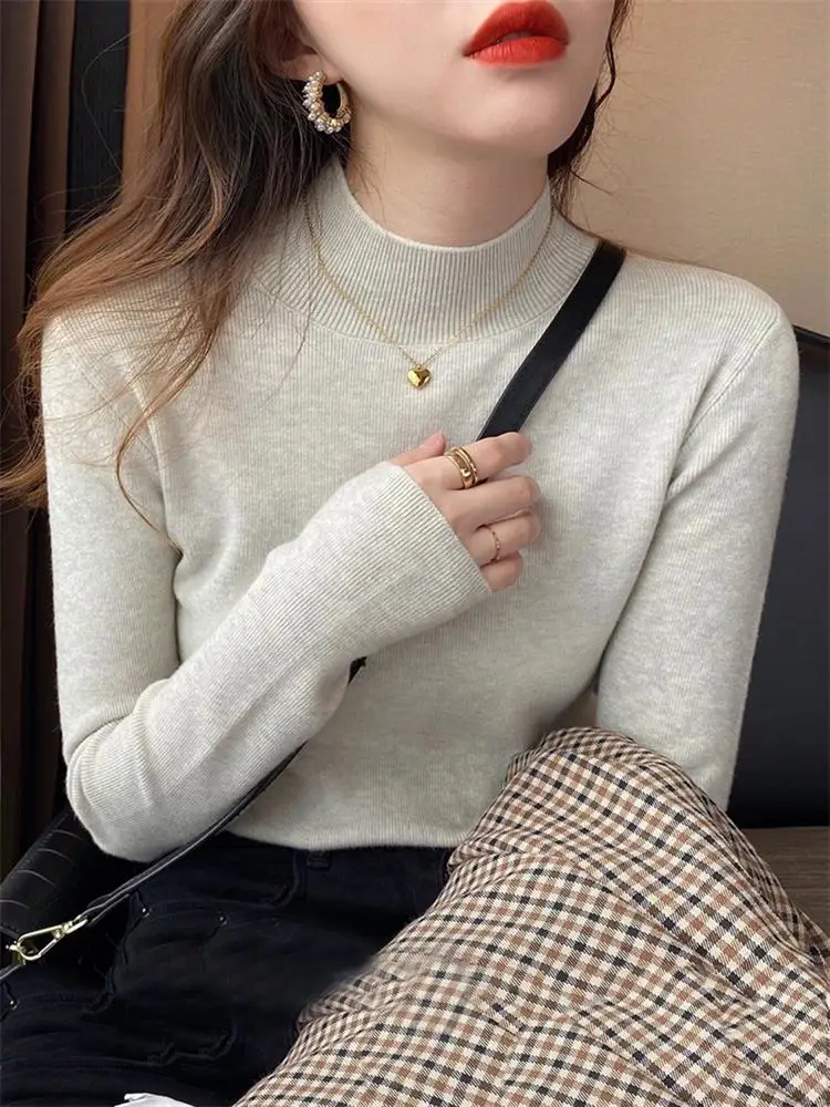 

2024 Fashion Solid Color Turtleneck Women Autumn Winter Knitted Sweaters Basic Primer Pullovers Korean Sweater Slim-fit Pullover