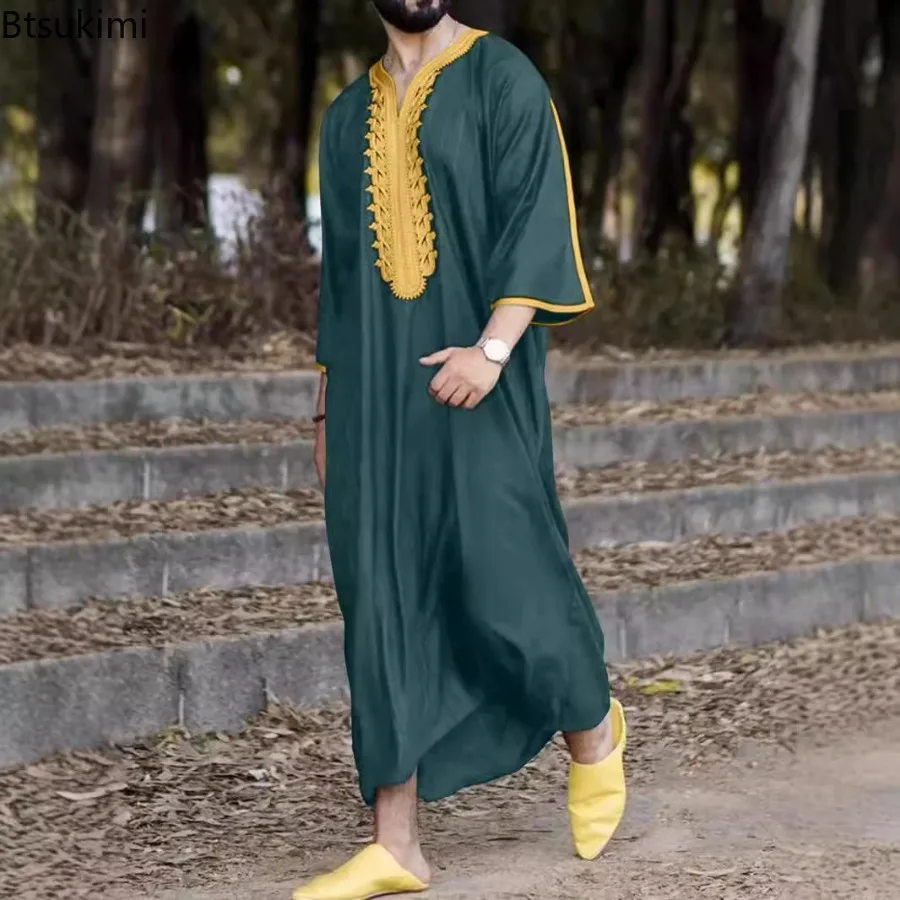 2025 nova moda muçulmana masculina abayas listra bordado jubba thobe árabe roupas islâmicas manga longa casual caftan dubai robes