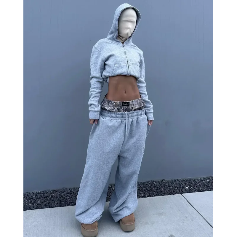 

2025 American retro Y2K double waisted slightly flared pants trend street loose sweatpants floor length wide leg pants