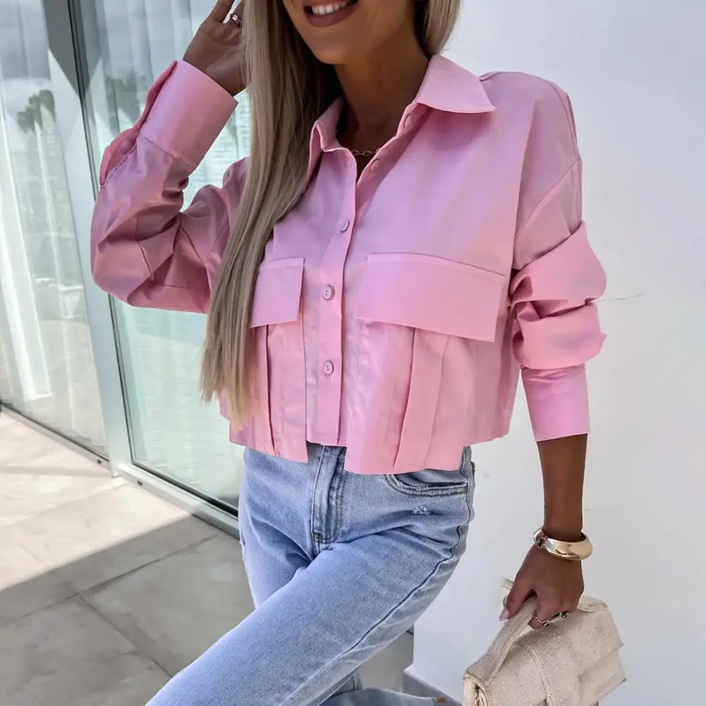 

Commuting Style Top Women Long-sleeve Shirt Cropped Lapel Long Sleeve Women's Shirt Comfy Style with Single Breasted Flap