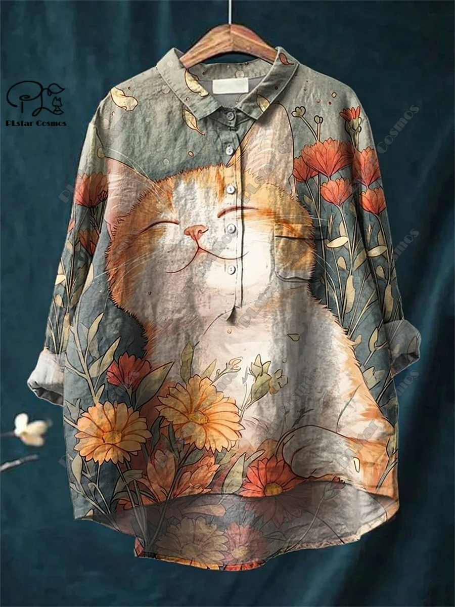 PLSTAR COSMOS new 3D printed retro and cute floral animal printing ladies entertaining leisure and loose open -tube shirt D-18