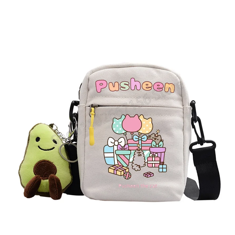 Pusheen Girls Square Packs Diagonal Cross Bags Cartoon Anime Figures Fat Cats White Shoulder Cross-body Casual Canvas Handbags