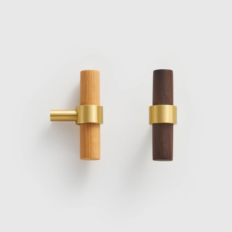 Brass Natural Walnut Beech Wood Kitchen Furniture Handle American Nordic Style Drawer Wardrobe Pull T Bar