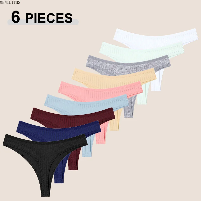 6Pcs/Set Women'S Cotton Fabric Thongs Panties Female Ribbed Low Rise G-String Ladies Sexy Bikini Solid Color Soft Intimates S-XL