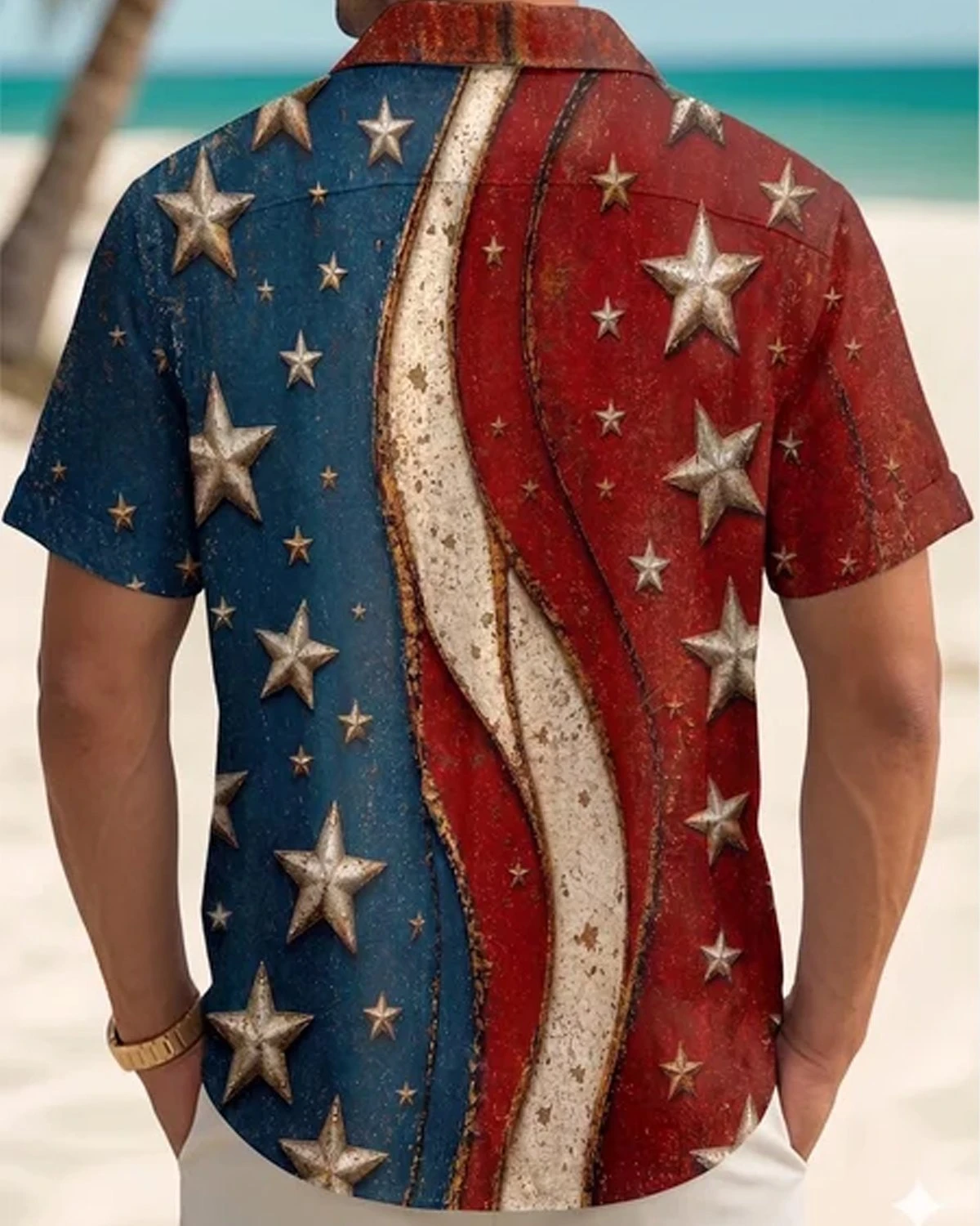 Red and Blue Contrasting Star Patchwork Wave Print Short Sleeved Shirt, Loose Men's American Retro Daily Shirt