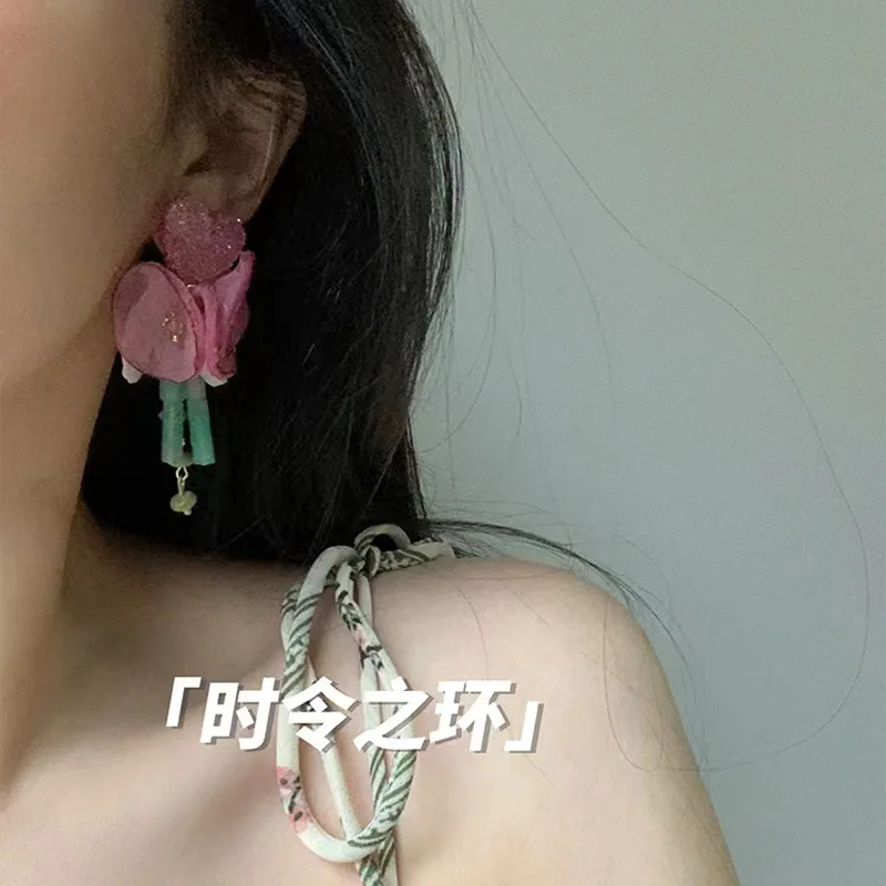 Sweet summer love mesh petal stud earrings exaggerated green beaded atmosphere earrings women's exquisite romantic earrings