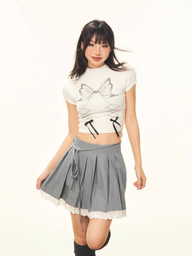 QWEEK Coquette Y2k Sexy Kawaii Cute Bow Print Crop T-shiort Women 2024 Fashion Summer Korean Style Kpop Fashion Tops