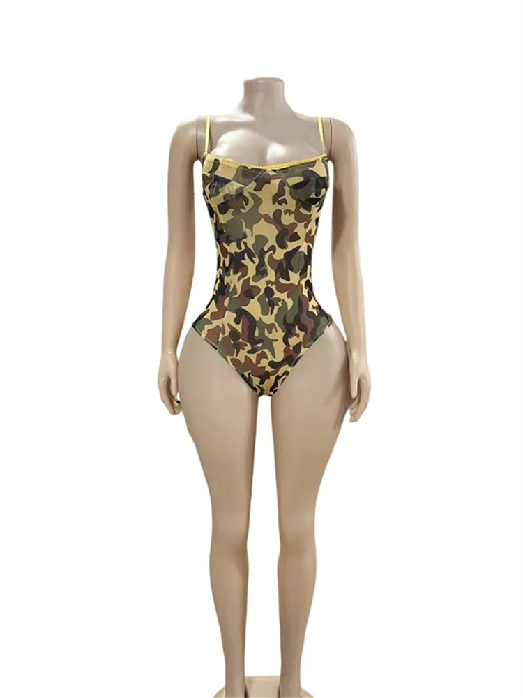 แปลกPuss Camouflageพิมพ์Bodysuitsผู้หญิงคอต่ําBacklessผอมยืดใหม่แนวโน้มHip-Hopสไตล์คลาสสิกStreetwear bodycon