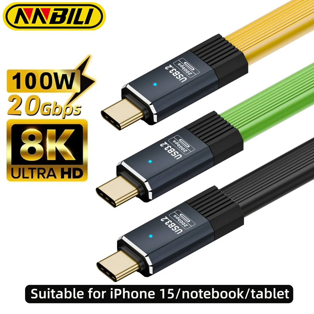 NNBILI USB3.2 20Gbps Type C to C Flat Data Cable ThunderBolt 3 PD100W 5A USB-C Cord For iPhone 15 16 Pro MacBook Samsung Xiaomi