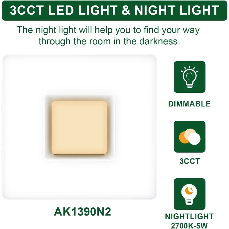 مروحة عادم Akicon مع مجموعة إضاءة، 90 CFM، 1.5 Sones، إضاءة LED 3CCT قابلة للتعتيم بقدرة 15 وات مع ضوء ليلي 5 وات، تهوية للحمام