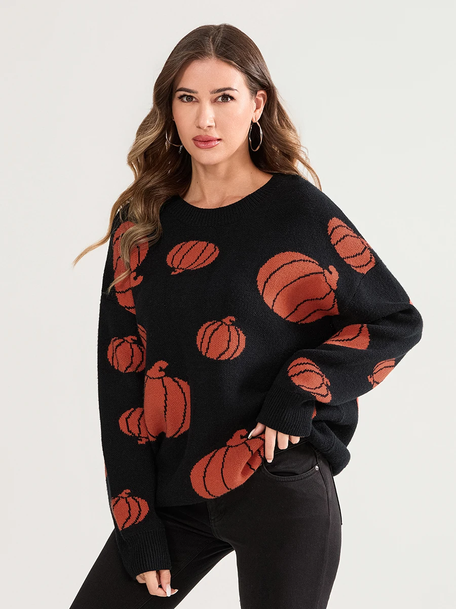 Women Halloween Knit Sweater Ghost Pattern Long Sleeve Round Neck Pullovers Fall Winter Casual Jumpers Tops with Spooky Vibes