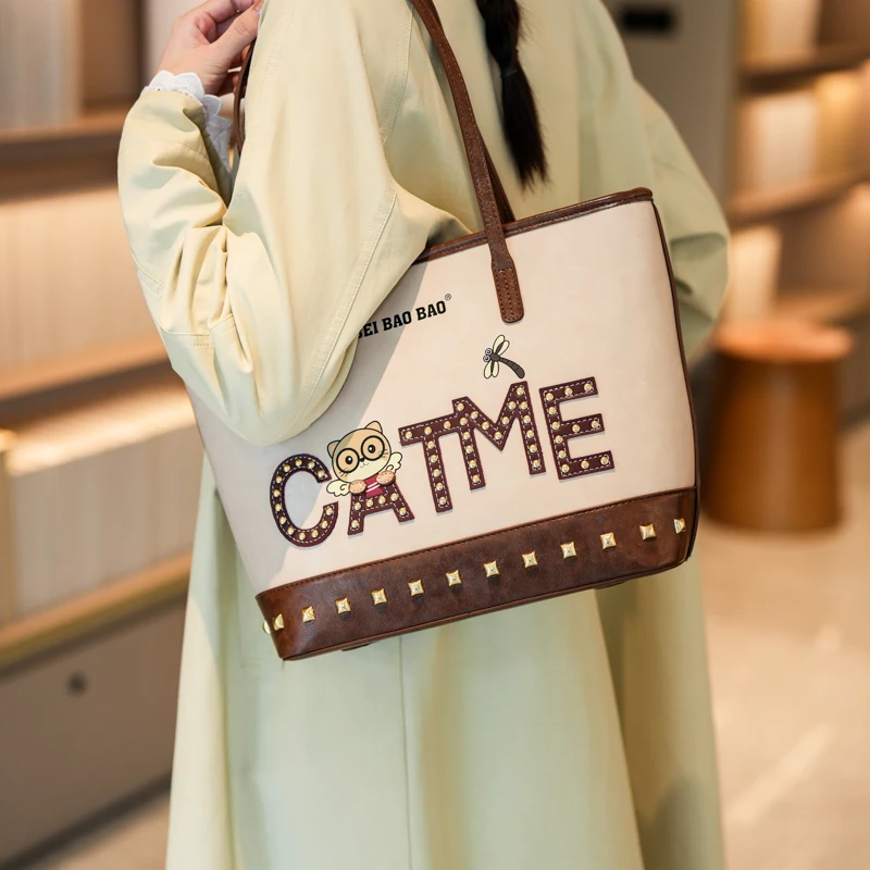 

Beibaobao 2025 New beige Tote Bag Fashion Shoulder Bag Large Capacity Women's Commuter Bag Cartoon Handbag Outdoor Bag bolso