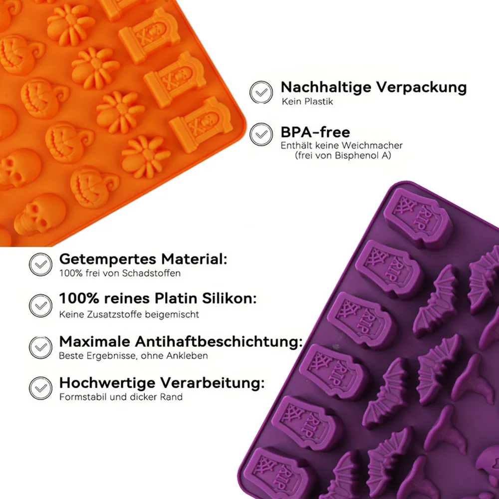 3 Arten von Halloween-Silikonformen zur Auswahl, aus lebensmittelechtem Silikonmaterial, antihaftbeschichtet und leicht zu entformen, hochtemperaturbeständig, geeignet für Schokolade, Süßigkeiten, Kuchendekoration und DIY-Backwerkzeuge. – Detail 6