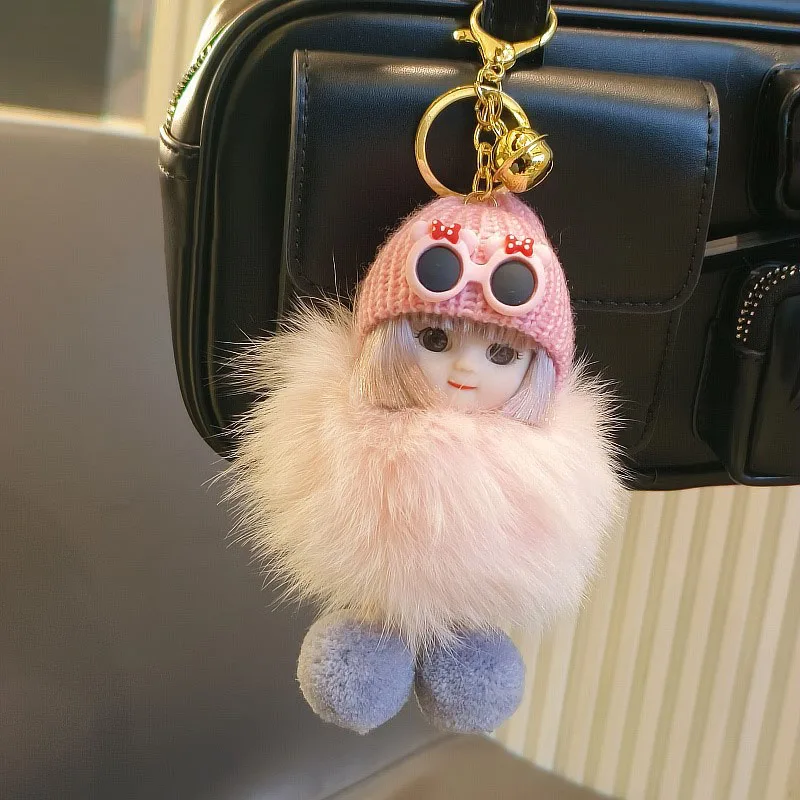 Cute Braid Cartoon Pompom Keychains Fashion Real Fox Fur Pendant for Women Bag Car Key Ring Girl Gift Charm Plush Doll Key Chain