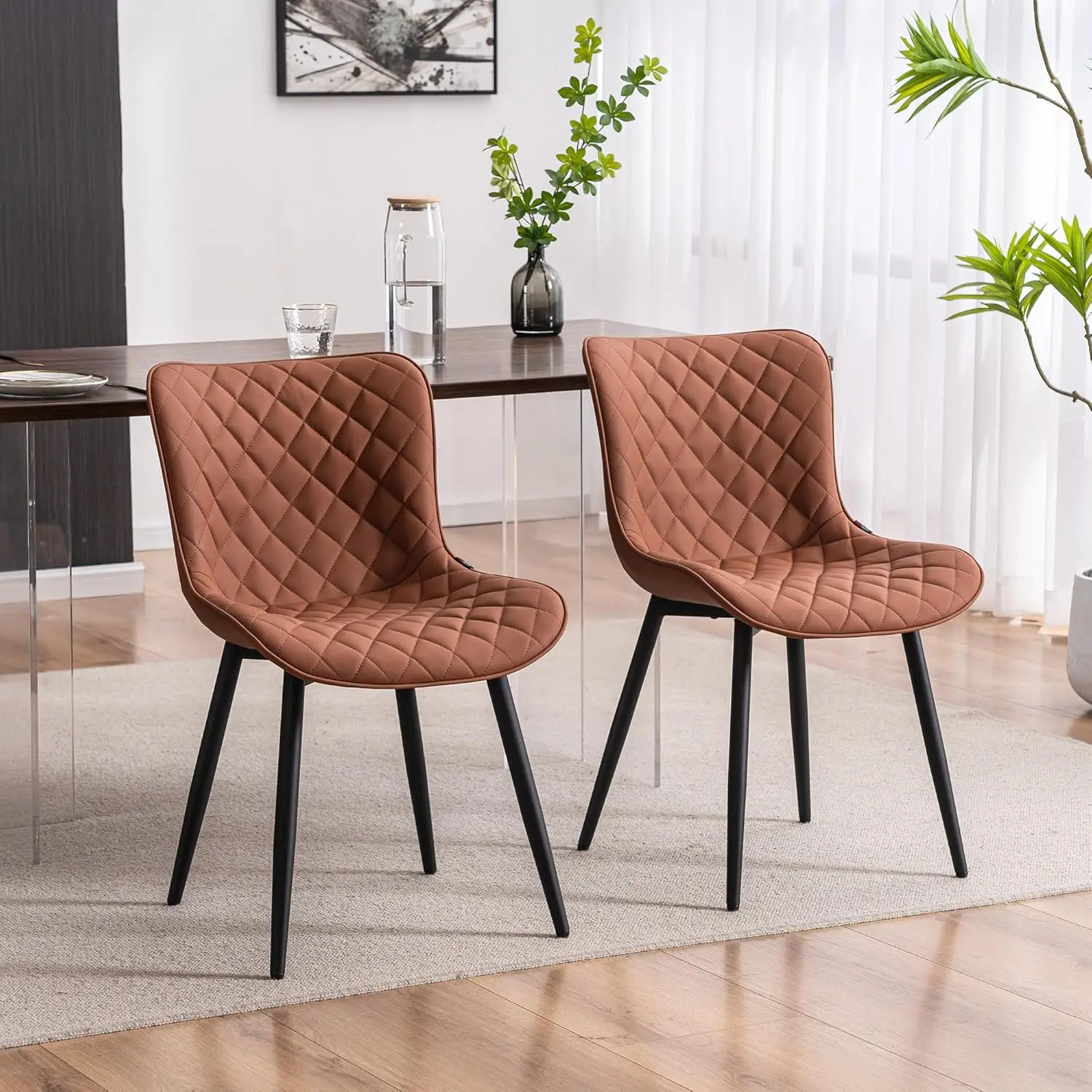 Coffee Brown Dining Chairs Set of 2 Mid Century Modern PU Leather Diamond Upholstered Accent Guest Dinner Chair