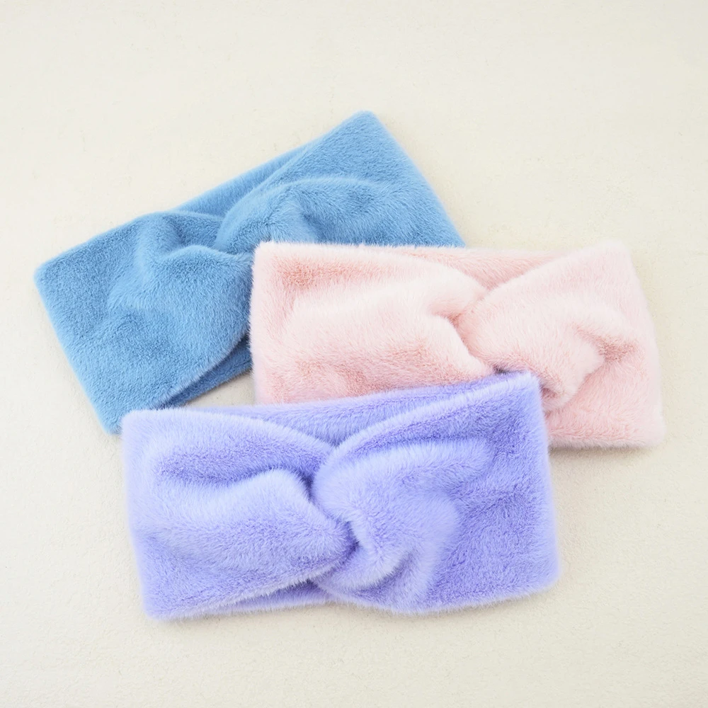 New Plush Headband Winter Imitation Mink Fur Cross Hair Band Warm Solid Wide Turban Headwrap Soft Elastic Ear Warmer Hairband