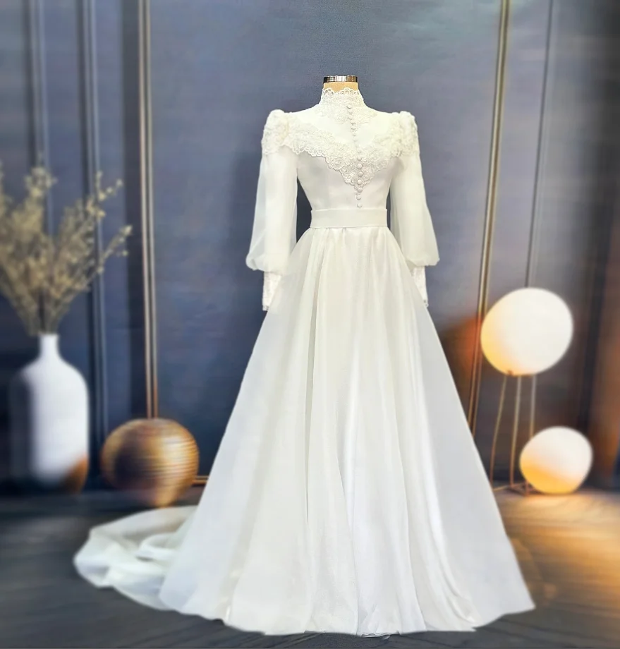 Spitzenapplikation Muslimischer Kaftan Brautkleider Stehkragen Langarm Naher Osten Kirche Garten Brautkleid Outfit Maßgeschneidert