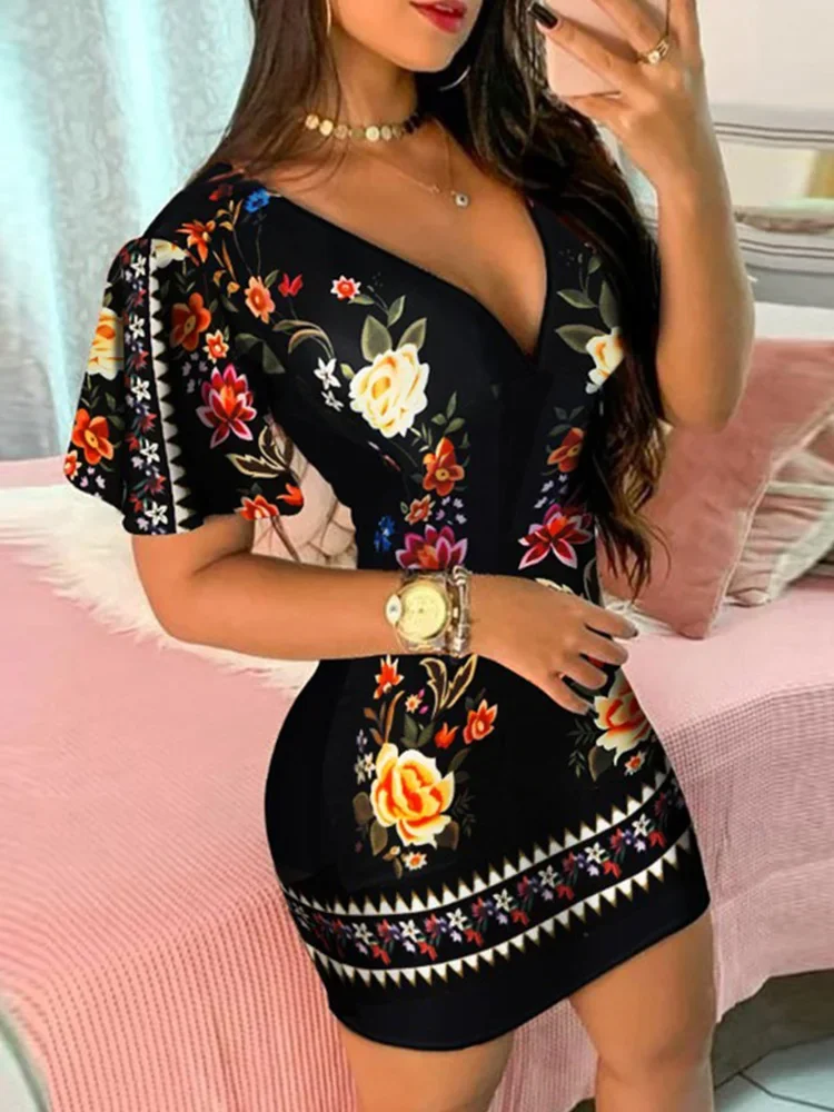 

Ruffles Sleeve Floral Print Bodycon Dress