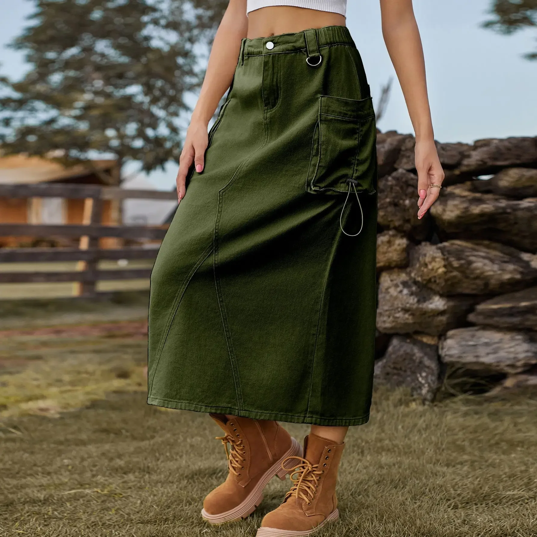 

Stylish Women's Jeans Skirts Solid Color Cargo Skirts Drawstring Mid-Calf Casual Loose Vintage Female Skirts Outwear