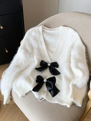 Autumn Winter Woman Korean Fashion Fluffy Bow Solid Color V-neck Cardigan Sweater Vintage Long Sleeve Knitwear Simple Old Money