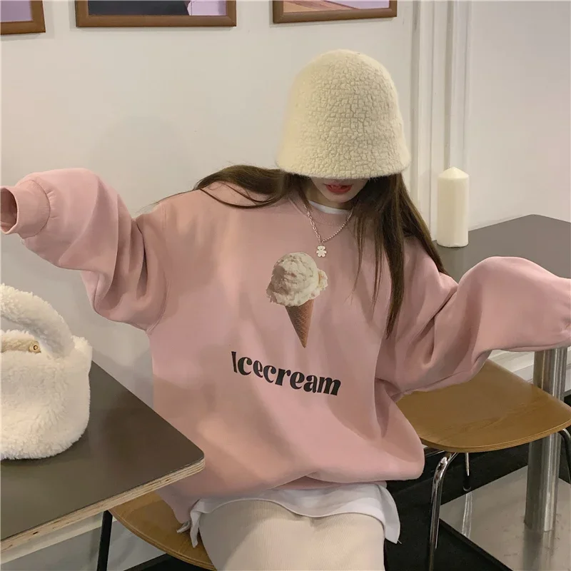 2025 Pink Fun Printed Hoodies Women Korean Loose Crewneck Sweatshirts Female Fashion Warm Autumn/Winter Pullovers Hoodie