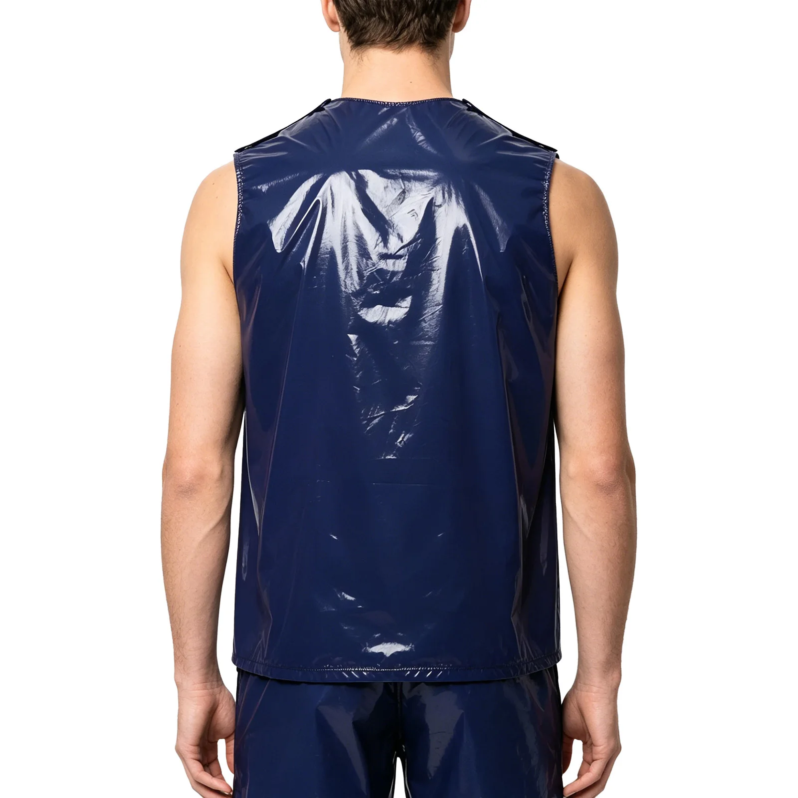 Mens Vinyl Waterproof Reusable Tank Tops Streetwear Sleeveless Gymnastics Shiny Body Sides Press Buttons Vest Wet Look Clubwear