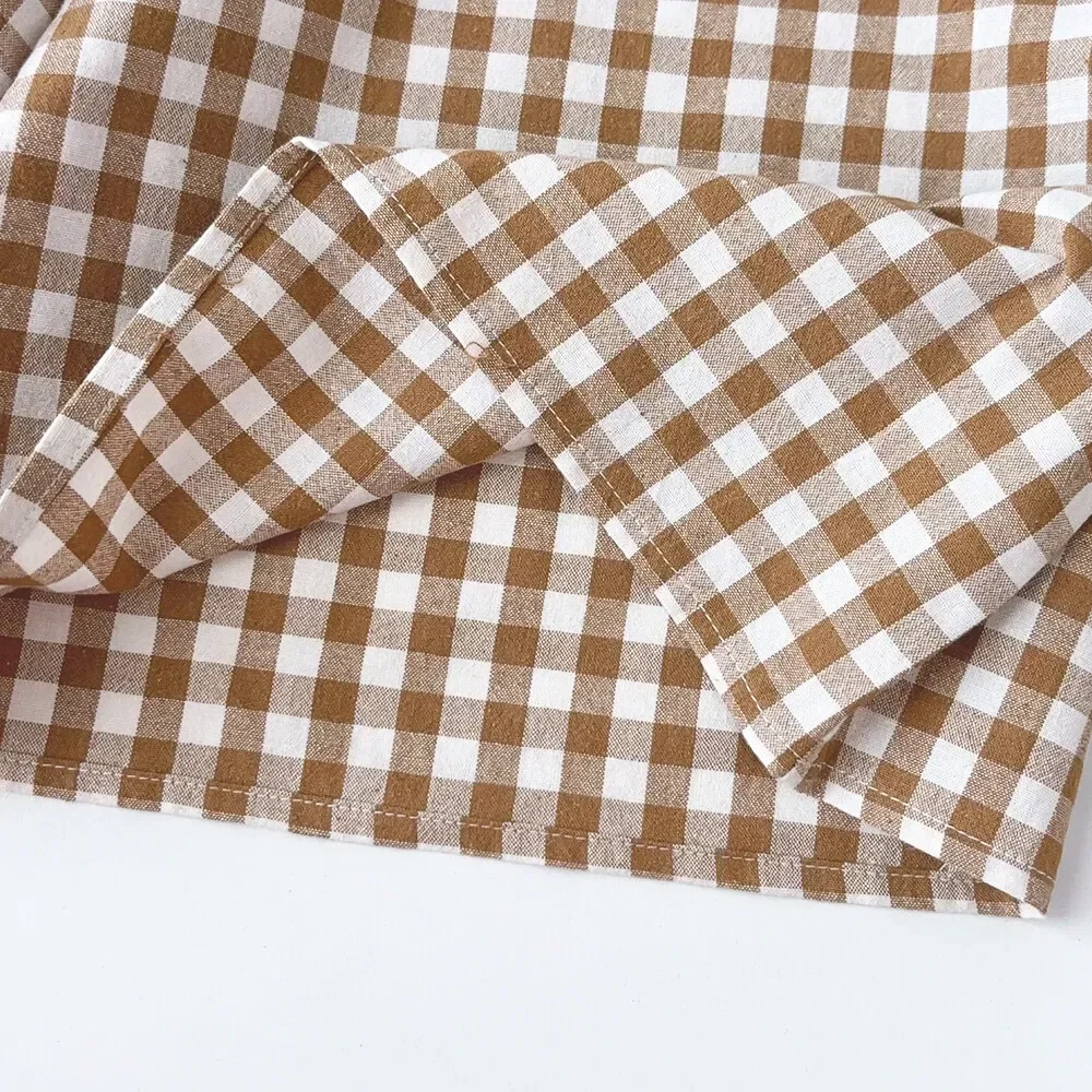 Children's Clothing Autumn Khaki Plaid Suits Long Sleeved Round Neck Top+Shorts Two-piece Sets Simple Basic Girl's Clothing image 5