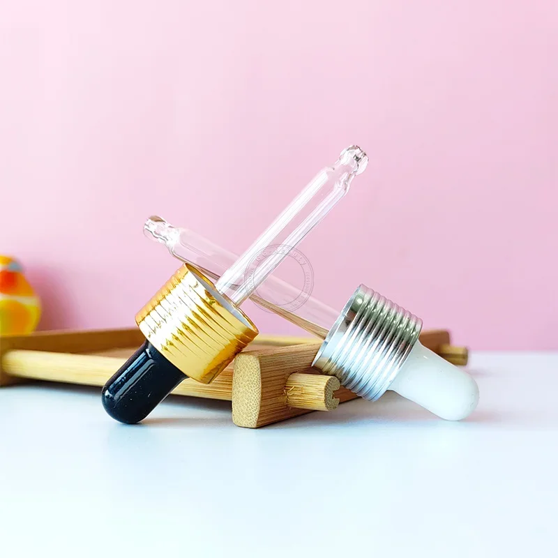 Atacado tampa conta-gotas brilhante tampa conta-gotas de vidro de alumínio pipeta de vidro transparente com cabeça de borracha para garrafa de vidro de óleo capa de maquiagem