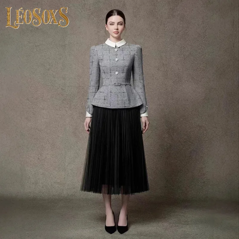 

LEOSOXS Women Skirt Set Tweed Checkered Jacket White Collar High Waist Two Piece Belted Mesh 2025 Autumn New Suit