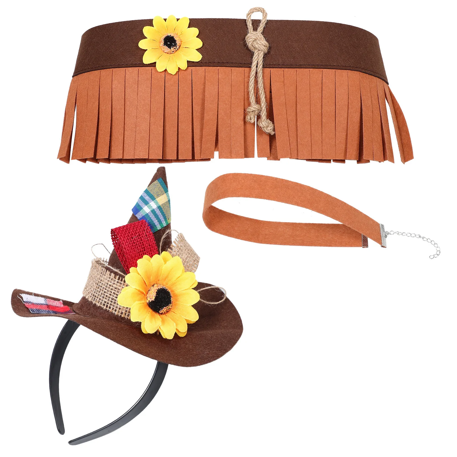 Zestaw kostiumu stracha na Halloween: filcowy kapelusz czarodzieja, opaska, słomiane mankiety, akcesoria na imprezę, karnawał, święta i uroczystości.