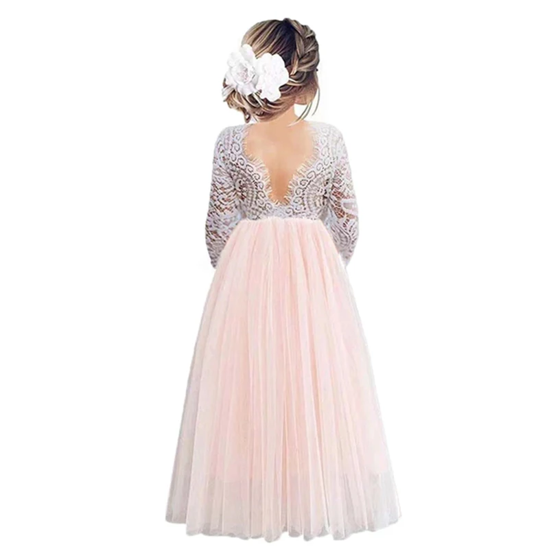 Long Sleeve Teenager Girls Lace Princess Dress Wedding Birthday Party Baby Kids Children Evening Dress for 2 4 6 8 10 12  14