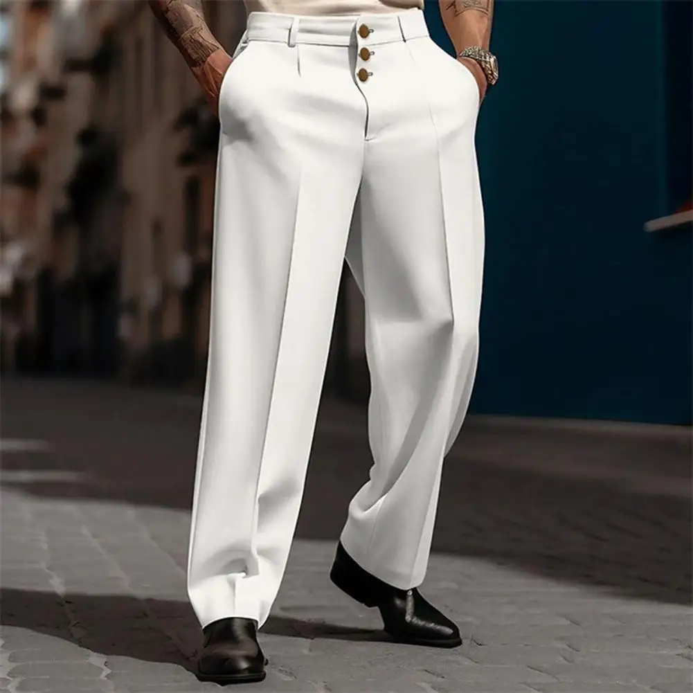 Men Suit Pants Elegant Men's Business Suit Pants with Straight Loose Fit Soft Pockets Button Closure Mid Waist Formal for Office