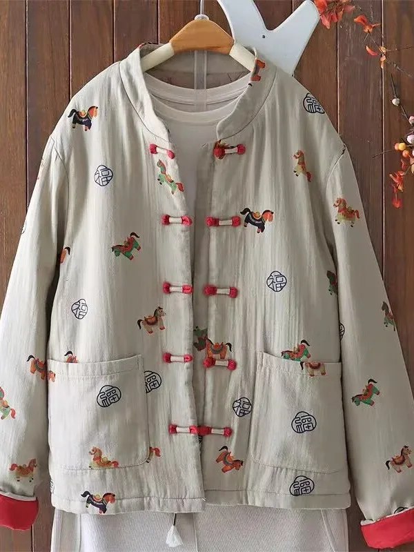 

Loose Fit Long Sve Cotton Jaet Women's Sle Retro Chinese National Faion Thiened Cotton Outerwear Winter Coat