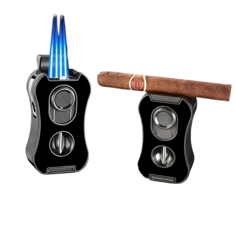 

New Multifunctional 6-in-1 Cigar Metal Lighter with Four Flames and Windproof V-Shaped Scissors Men's High-end Lighter Gift