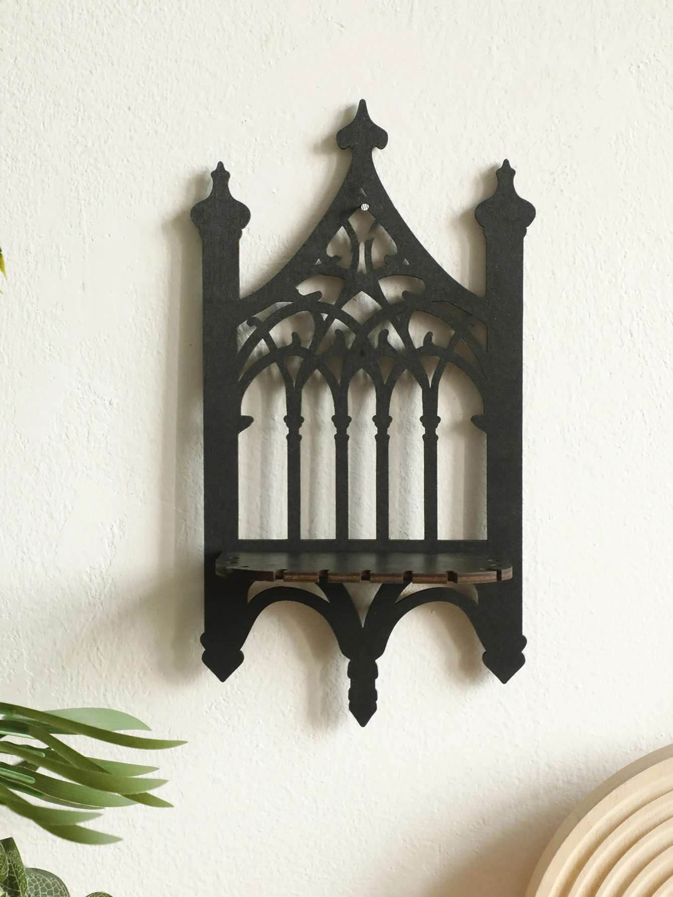 Black Gothic Wooden Shelf Wall Decor Hollow Vintage Fence shape Wall Hanging Decor Floating Shelves Crystal Holder Room Decor