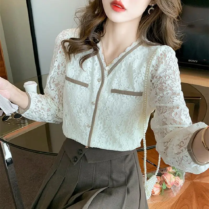 Women Korean Fashion Sexy Lace Chic Elegant Shirts Spring Summer Vintage Casual Blouses Solid V Neck Long Sleeve Tops Slim Blusa